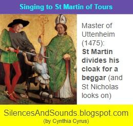 image of the saint in green with a brown cloak and red leggings; he has the sword with which he will divide his cloak to share with the beggar, who is kneeling and has lost a foot. St Martin looks on. Blog title: Singing to St Martin of Tours.