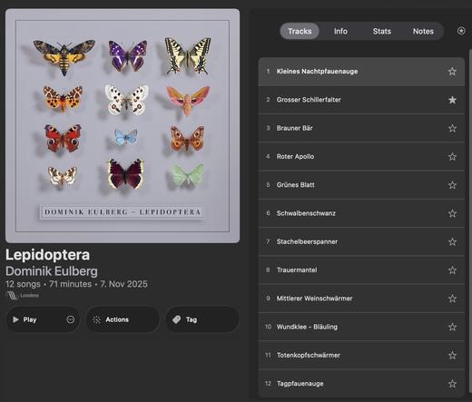 Musikalbum Lepidoptera von Dominik Eulberg. Cover mit Schmetterlingen in 4x3 Matrix angeordnet. Neben der Cover-Abbildung die Track-List mit Titeln wie Grosser Schillerfalter, Kleines Nachtpfauenauge oder Trauermantel. Insgesamt 12 Titel mit Schmetterlingsnamen.