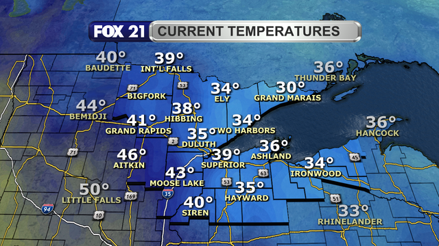 Temperatures in the Northland just after 1 p.m. on November 11, 2025, range from 30 to 46 degrees Fahrenheit. They warm as one travels from northeast to southwest across the region.