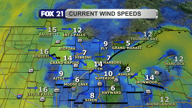 Wind speeds in the Northland just after 1 p.m. on November 11, 2025, range from 5 to 14 mph. Wind direction is primarily from the west and northwest.