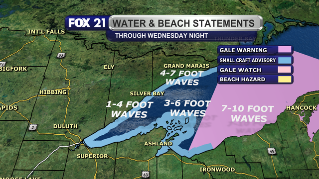 A Small Craft Advisory is in effect for the entire shoreline of Lake Superior in the Northland through the end of Wednesday, November 12, 2025. Wave heights will vary, from 1 to 4 feet from Silver Bay through the Apostle Islands, to 3 to 6 feet around the Apostle Islands, to 4 to 7 feet along the shoreline of Cook County, and 7 to 10 feet along the Upper Peninsula shoreline regions.