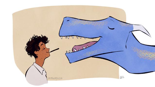 person with a pocky between their lips and a dragon about to take a bite