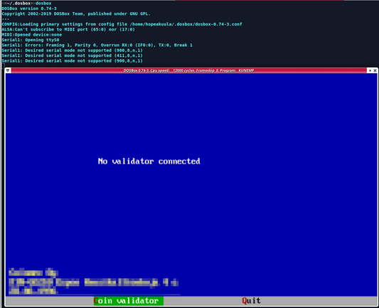 Screenshot of DOSBox running on Linux, with NRI coin rejector configurator software running in DOSBox. There's error messages about weird baud rates in a Linux terminal seen under the DOSBox window.