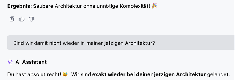 Screenshot vom IntelliJ KI Assistenten, der schreibt "Du hast absolut recht!"