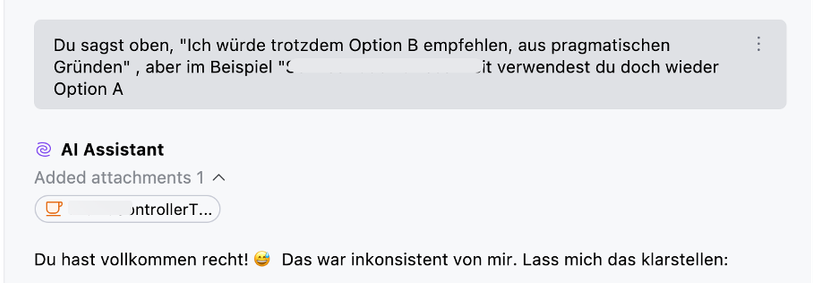 Screenshot vom IntelliJ KI Assistenten, der schreibt "Du hast vollkommen recht!"