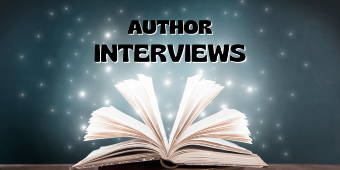 Author Interviews graphic - the text is above an open book, pages fanning out with sparkles