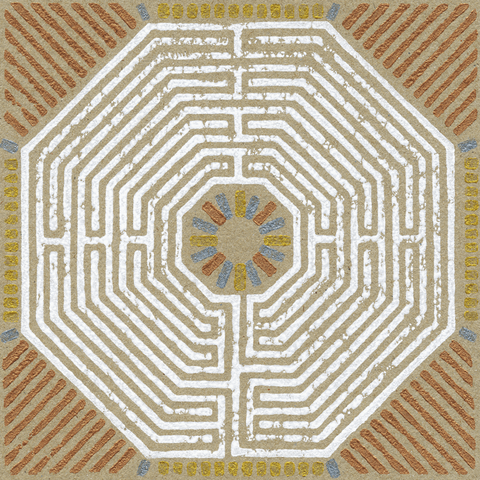 achteckiges Labyrinth, weißer Linoldruck mit Verzierungen in silber, gold und bronze