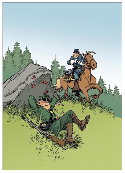 Similar jacket on the comics "Les tuniques bleues" about secession war in US and an antiwar anarchist, caporal Blutch