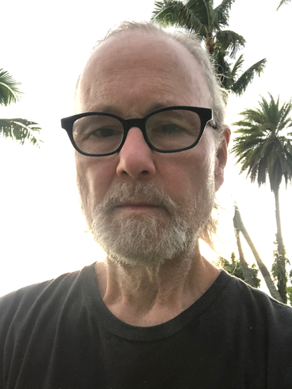 Head-and-shoulders color photo of Daniel Marcus, a fair-skinned man with gray hair and beard worn short. He stands in front of brightly backlit, almost silhouetted palm trees. He wears a black tee and glasses with black plastic retro frames. With a serious expression, he looks down into the camera.