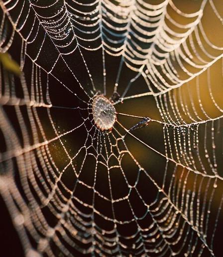 A color photo showing sunlight silhouetting a spider web. The web has a few droplets of dew on it.