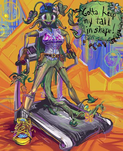 extremely annoying anthropomorphic plant person wearing a baseball shirt labeled "dirt" and a baseball hat and athletic shoes yet no trousers stands over an electronic treadmill backwards with the creature's tail appendage lying over the treadmill with dialog stating "gotta keep my tail in shape!"