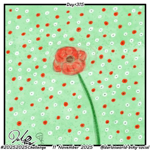 A drawing of a large red poppy, surrounded by 80 red and 107 white poppies.