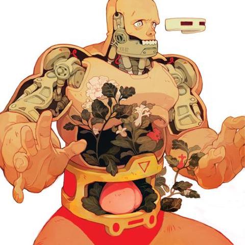 Ilustración de un robot que me recuerda al robot que llevaba a Krang de las tortugas ninjas, en este caso el robot es más humano y se ven partes de sus componentes expuestas y tiene flores creciendo de su pecho