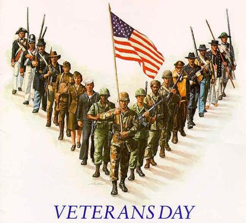 An artistic rendering of a group of soldiers, sailors and other personnel wearing military uniforms from throughout US history. They stand in a V formation. One is carrying an American flag. The caption reads: VETERANS DAY.