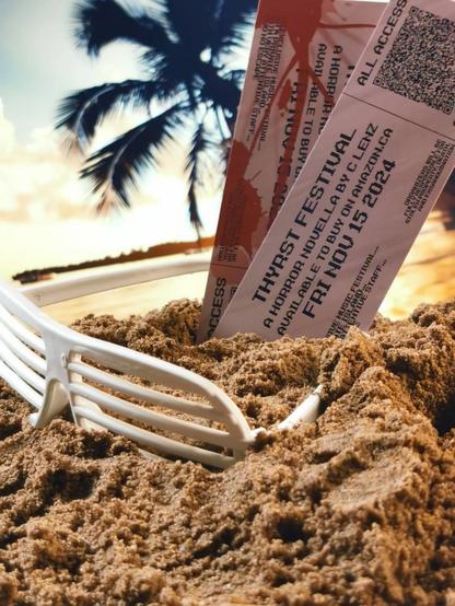 Tickets to Thyrst Festival in the sand of a beach. The tickets are bloodspattered.