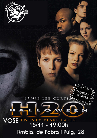 Cartell de la pel·lícula Halloween: 20 anys després. Al centre està la Laurie Strode, una dona adulta amb cabells curts. A la seva dreta està la màscara de Michael Myers i a la seva esquerra hi ha els estudiants i el guàrdia de seguretat de la seva escola. La info está al tut o al blog.