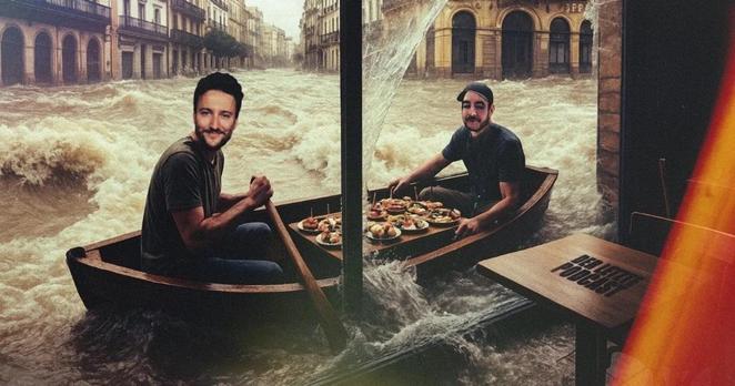 Der Kaffeemann und Daniel Pook rudern in dieser satirischen KI-Darstellung mit einem kleinen Holzboot voll Tapas-Teller durch ein überflutetes Sevilla und mitten durch die zerbrochenen Schaufensterscheiben in ein Restaurant hinein. Bild zu "Der Letzte Podcast" Folge 537.