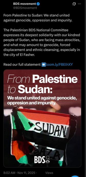 From Palestine to Sudan: We stand united against genocide, oppression and impunity.

The Palestinian BDS National Committee expresses its deepest solidarity with our kindred people of Sudan, who are facing mass atrocities, and what may amount to genocide, forced displacement and ethnic cleansing, especially in the city of El Fasher.

Read our full statement ➡️https://loom.ly/FBElhXY