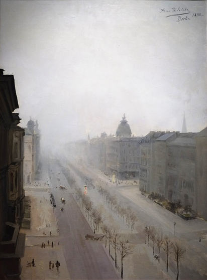 A Realist painting. We have a view, as if from a high window, of Unter den Linden street in Berlin, in the winter. A line of bare trees go down the center. There are various people walking the sidewalks and a few wagons and carriages visible. The sky is hazy and there is fog obscuring the distance; the dome of the French cathedral, the tower of St. Peter's, and the Passage-Panoptikum building (now gone) are visible.