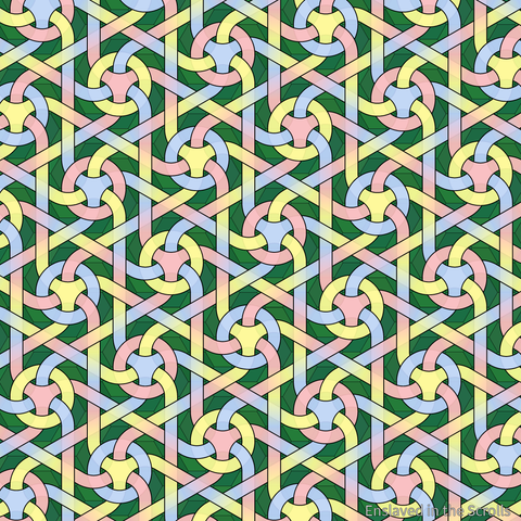 Red, yellow, and blue paths over dark green hexagons branch and join into an infinite tiling of interwoven sheets.