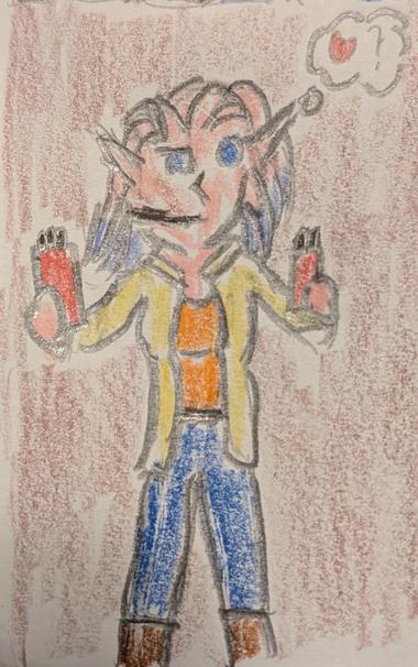 Color pencil drawing of Ayame Alba, a Mikkian woman OC from Star Wars, holding a box of Pocky in both hands with a Pocky stick in her mouth, hoping someone will want to play the Pocky Game with her.