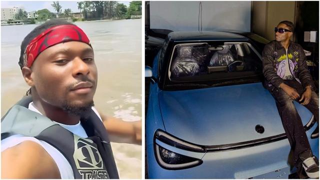 Split image showing BBNaija housemate Faith Adewale; left frame captures him wearing a red headband and life jacket during a water activity, while the right frame shows him seated on the bonnet of his new blue Innoson electric car at night.