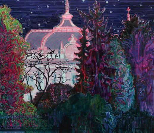 we are looking over a fence at a wooded landscape which allows a view on an ornate European palace-type building with columns and a spires.  Many of the colors used, and the ways they are painted, are unnatural, but the outlines and contrast of light and dark are in the right places, so you understand clearly what is being rendered, even if the trees have purple and pink in them, along with green and brown, and the palace seems to be glowing with a pink aura, and the stars and clouds in the sky are patterned, wobbling, parallel lines.