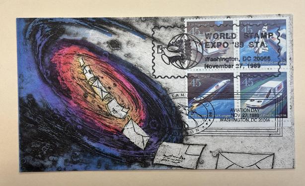 World Stamp Expo 1989 cover with #spaceflight themed block of four US Airmail stamps