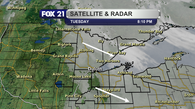 The satellite over the Northland at 8:10 p.m. on November 11, 2025, shows clearing skies working their way from west to east across the region. This should allow the Northern Lights to be seen for most of us in the Northland later tonight.