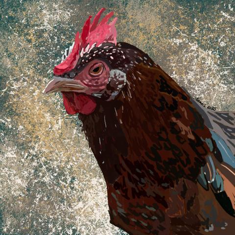 A brown speckled hen with some white specks and blue feathers.