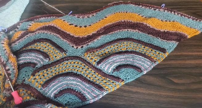 Shawl in four colors - blue-green, splattered pink and mohair pink, deep autumn orange, ruby red