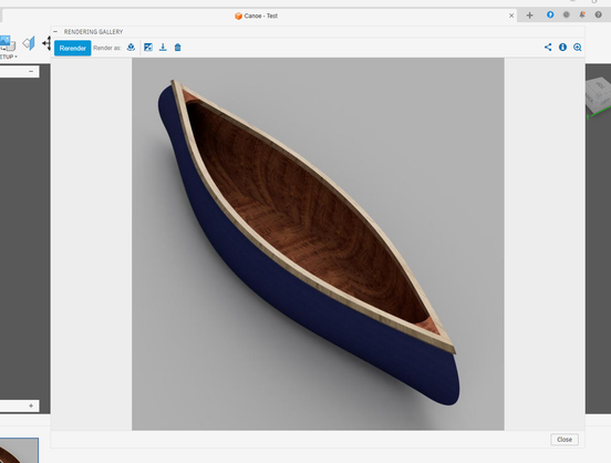 A render of a cedar-and-canvas canoe from Fusion 360. It has gunnels and decks, but no thwart or seats.