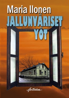 Jallunväriset yöt -kirjan kannessa on irtonainen ikkuna, josta näkyy vanha puutalo. Taustalla on oranssinvärinen taivas.