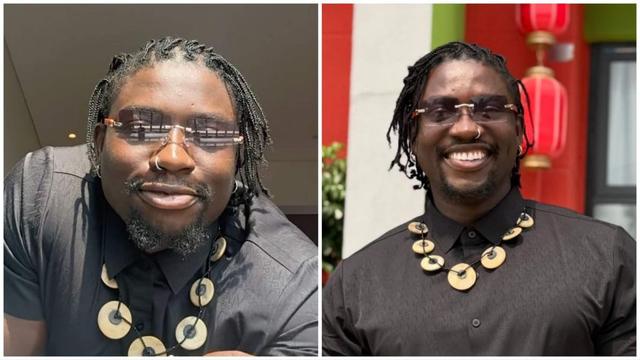 Side-by-side photos of Nigerian activist and influencer VeryDarkMan (Martin Vincent Otse) wearing a black shirt, patterned necklace, and sunglasses, smiling confidently in both shots.
