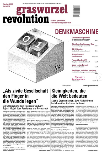 Titelseite Graswurzelrevolution 502. Grafik in der mitte, mit einer Maschine mit zwei knöpfen 01. *berschrift Denmaschine. zwei Artikel hervogehoben au Titelseite: Als zivile Gesellschaft die Finger in die Wunde legen" und "Kleinikeiten die die Welt bedeuten"