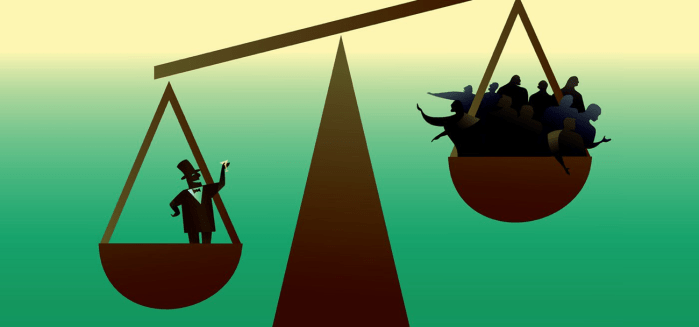 An illustration depicting a balance scale, with a wealthy individual in formal attire on one side and a crowd of diverse people on the other, symbolizing economic inequality.