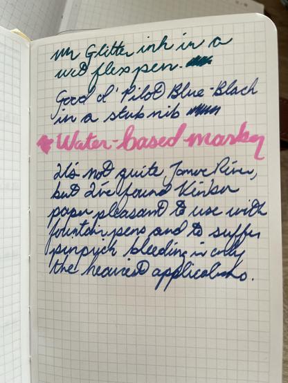 a notes page which has been fountain pen tested. There's a note reading "it's not quite Tomoe River, but I've found Kinbor paper pleasant to use with fountain pens, and to suffer pinprick bleeding in only the heaviest applications."