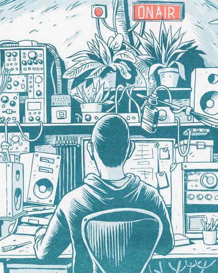 Risograph print showing a short haired man from behind, sitting in front of shelves full of electronic equipment, speakers, and plants. On top a red light and an illuminated text saying "on air"