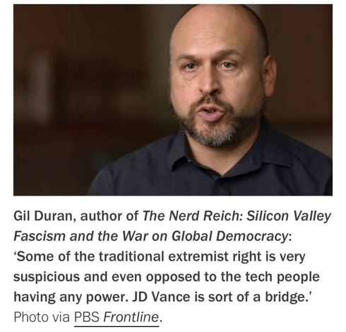The image features Gil Duran, the author of "The Nerd Reich: Silicon Valley Fascism and the War on Global Democracy," discussing the relationship between traditional extremism and technology.
