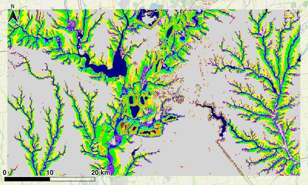 Geomorphons of the Inhulets basin — terrain forms classified from Copernicus GLO-30 DEM using SAGA GIS and visualized in QGIS.
