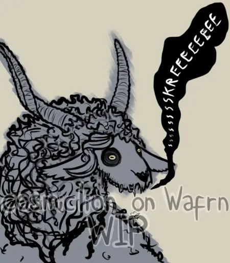 Digital messy monochromatic sketch of Belmon, a monstrous goat demon, drawn from the chest up. They have curly fur, horns that curl upwards and fluffy ears. Their head is a goat skull that is missing the lower jaw, with some shreds of skin on it. Small yellow goat eyes (the only colored elements in the character) glow inside the eye sockets. They are turning their back on the viewer, looking over their shoulder, glaring at them and letting out a creepy screech. The background is light brown.