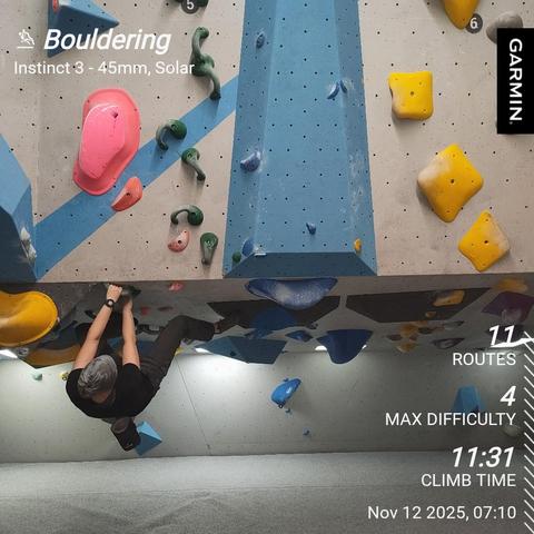Me hanging off a roof route on which I've just reached the spot where it changes from horizontal to vertical.

Stats overlay shows 11 routes, max difficulty of 4, climb time of 11:31.