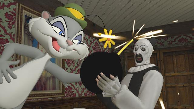 Slappy Squirrel hands over the bomb to Art the Clown.