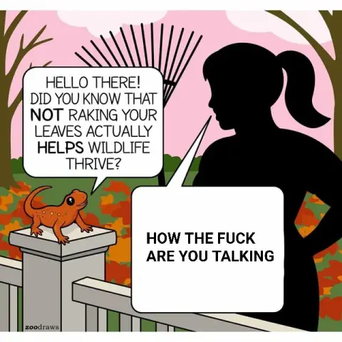 Comic, where a cute orange reptile says to a person with rake: "Hello there! DId you know that NOT raking your leaves actually helps wildlife thrive?" The persons answers: "HOW THE FUCK ARE YOU TALKING".