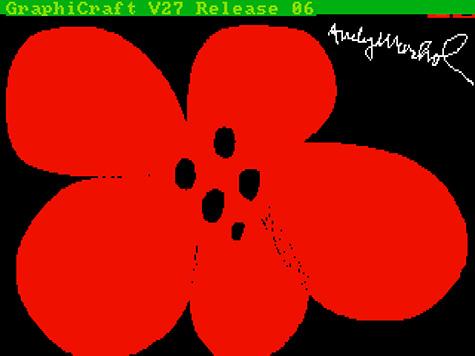 Une grosse fleur rouge peinte sur Amiga, avec la signature "Andy Warhol". la mention "graphicraft V27 Realease 06" est visible sur un bandeau vert en haut de l'écran.
