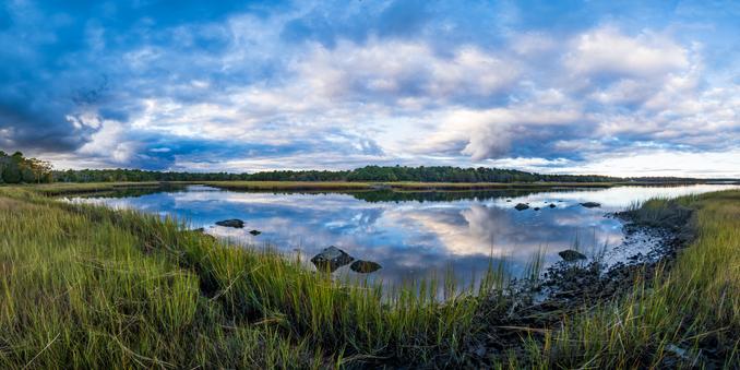 Storm clouds reflect on the still waters of the salt marsh. The bright green of summer marsh grass is fading to gold.
© Tom Goetz. All rights reserved. Training an AI on this image is expressly forbidden.