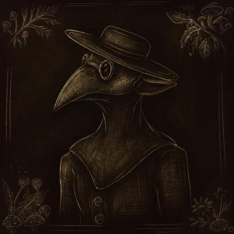 Digital sepia toned scratchboard style illustration of an anthro hairless cat wearing a  beaked mask, large brimmed hat and dark googles.
In each corner are small illustrations of various plants and mushrooms

Artfight attack for Mycotae