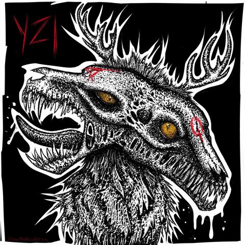 Black and white stippled bust of a creature with two animal skulls for a head, yellow eyes, an antler on each head and a red symbol on their forehead.
Text reads: "YZL" (the creature's name)

ArtFight attack for Peppster