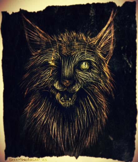 Dark stylized digital bust of a one eyed ginger and white cat on a weathered torn paper background 

Artfight attack