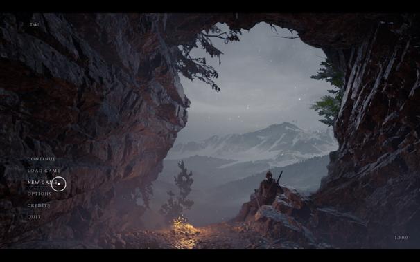 The main menu screen for Banishers: Ghosts of New Eden
It shows Red sitting by a campfire in a cave, looking out over the mountains
